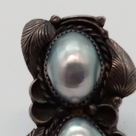 Vintage Double Blue Mabe Pearl Silver Tone Ring Size 7.5 - Picture 4 of 5